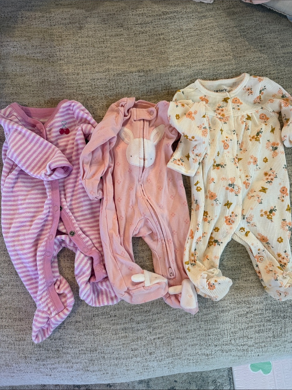 Carter's Pink and Cream Floral & Striped Ribbed Footie Bundle